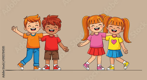 Happy cartoon children hugging, diverse group of smiling kids in flat vector style, cheerful best friends embracing, childhood friendship illustration