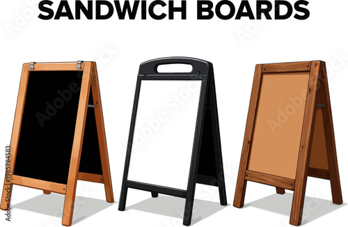 Create a realistic kinds of deferent Blank sandwich board vector art with white background.