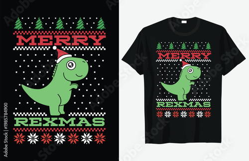 Festive t shirt design featuring a dinosaur in a christmas sweater pattern t-shirt template