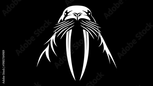 A white, stylized image of a walrus head on a black background, focused on the tusks and whiskers