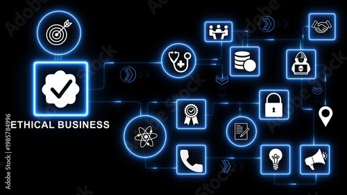 Ethical business technology icons network with balance shield trust icon system illustrating corporate responsibility integrity compliance and governance interface motion graphics 4k visuals