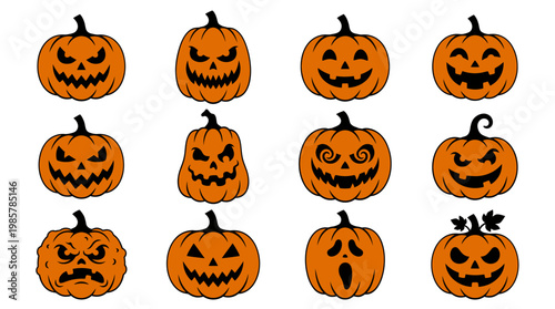 Collection of carved Halloween pumpkins faces.