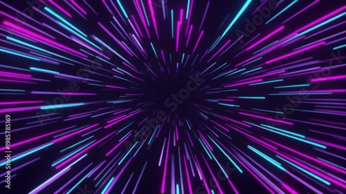 Neon Light Streaks Rushing Through Abstract Hyperspace Tunnel Background, Futuristic Warp Speed Effect