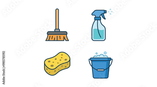 Cleaning supplies on a white background.