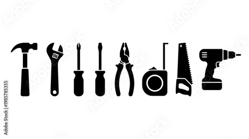 Black silhouette tools on white background.