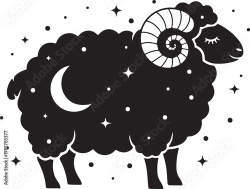 Eid Al Adha sheep vector. Black color sheep design. Eid Mubarak design. Islamic. Animale. Abstract sheep vector. Half moon. Star.