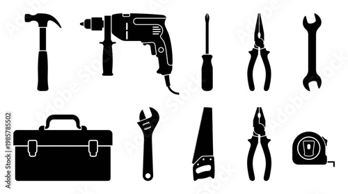 Black silhouette tools and equipment set.