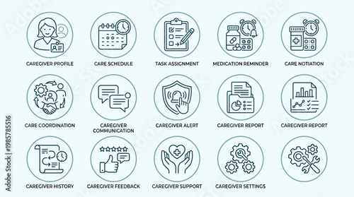 Comprehensive Caregiver Services and Support System Icons.