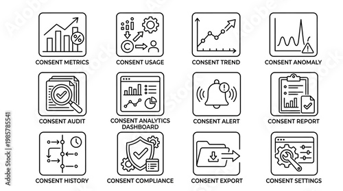 Comprehensive Consent Management System Icons for Data Privacy and Compliance.