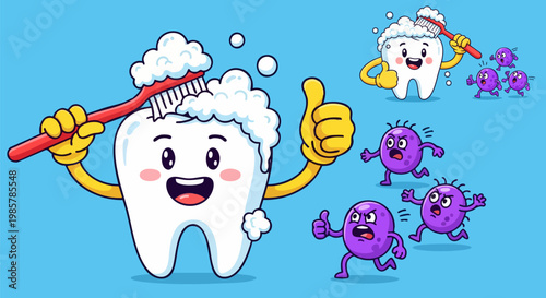 Cute cartoon tooth character brushing with toothbrush and foam, happy molar mascot fighting purple bacteria germs, dental hygiene vector illustration