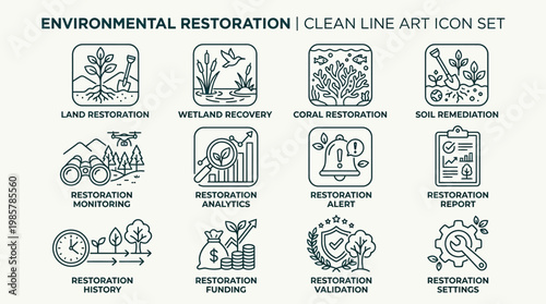 Environmental Restoration Line Art Icon Set for Conservation Projects.
