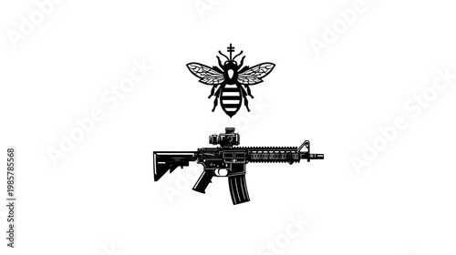 A bee and rifle illustration, rendered in black, placed against a white background