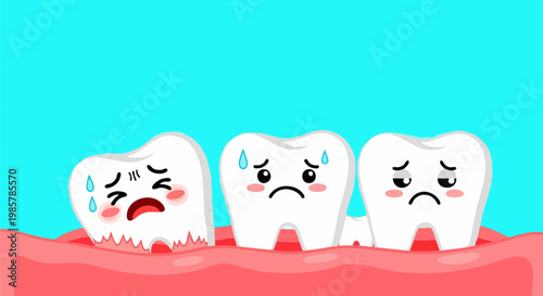 Kawaii tooth character with toothache and gum inflammation, sad cartoon teeth in pain, dental health and gingivitis concept vector