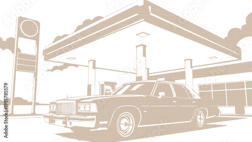 Car gas station in retro style. Classic car with gas station. Monochrome halftone vector illustration, transparent background EPS version.