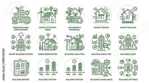 Green Building and Smart Home Technology Line Icons Set.