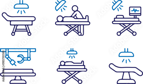 operating room surgery bule line icons set vector illustration