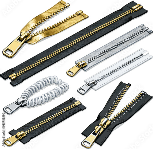 Create a realistic kinds of deferent Zipper concept Table vector art with white background..