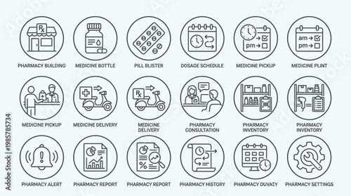 Set of 18 Pharmacy and Healthcare Services Outline Icons.