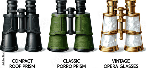 Create a realistic kinds of deferent Binoculars vector art with white background..