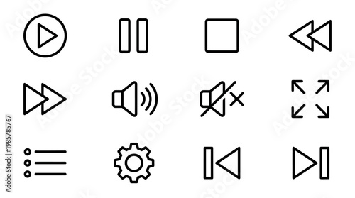 Set of black and white media player control icons.
