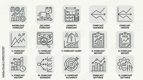 Set of Business Forecasting and Data Analytics Linear Icons for Financial Planning and Strategy.