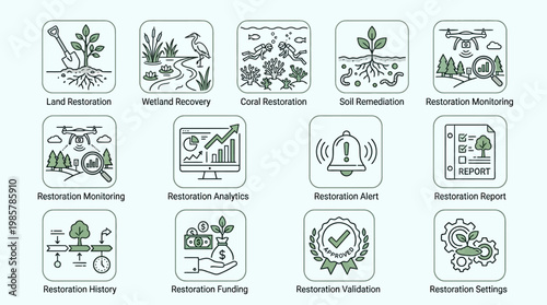 Set of environmental restoration and land management line icons.