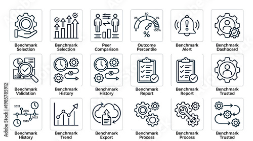 Set of eighteen professional business benchmark and performance analysis thin line icons.