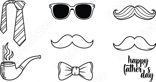 Father's day accessories tie sunglasses mustache pipe and bowtie sketch