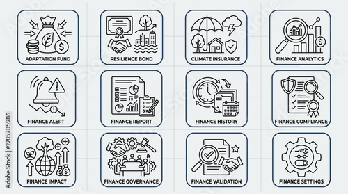 Set of financial and environmental business management outline icons.