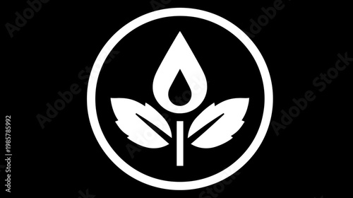 White graphic emblem. It has a circle, a droplet, and three leaves on a black background