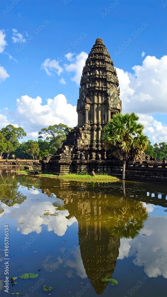 Fototapeta premium Ancient stone temple reflected in calm water