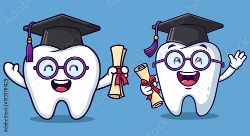 Cute dental graduation cartoon characters, happy tooth mascot wearing mortarboard and glasses, professional dentistry education concept vector