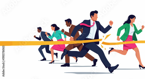 Successful businessman crossing finish line, diverse corporate team running race to win, business competition and leadership achievement vector