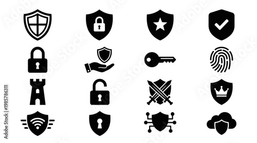 Black icons of security and protection.
