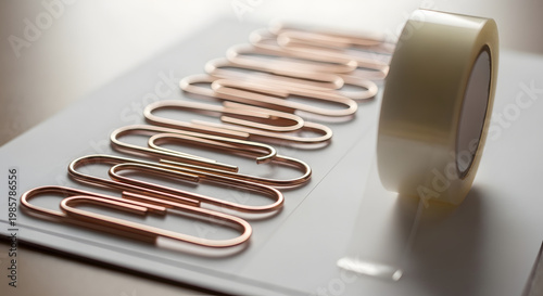 Copper paperclips and roll of tape on gray background .Generated AI