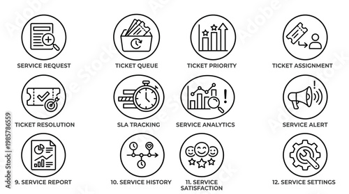 Set of twelve service management and customer support outline icons.
