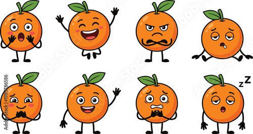 Cute Cartoon Orange Fruit Character Set with Various Funny Facial Expressions Happy Angry Sleeping and Surprised Vector Illustration

