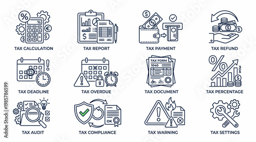 Set of Twelve Tax Related Hand Drawn Line Art Icon Designs.