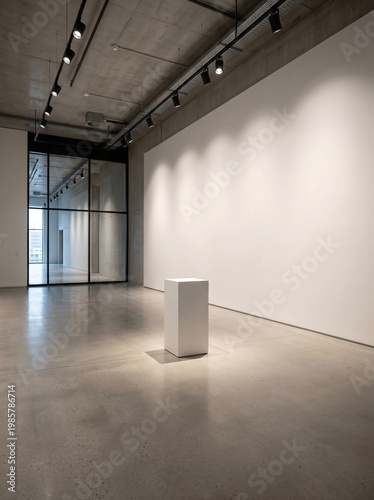 Minimalist art gallery interior with empty white display pedestal and blank wall for exhibition mockup concept