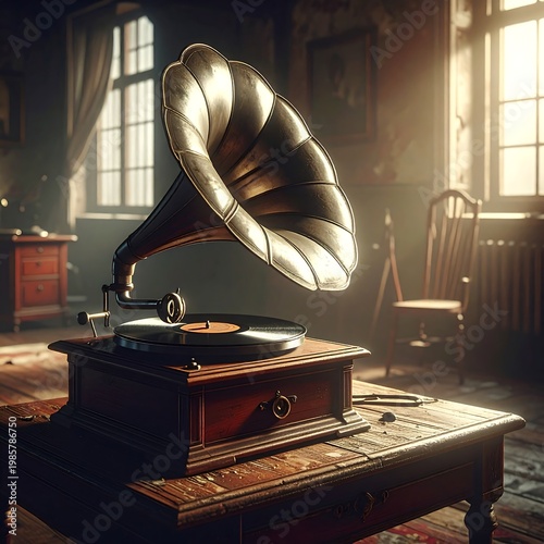 Vintage gramophone on a wooden table in a dimly lit room