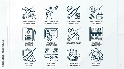 Set of Vaccination and Immunization Medical Outline Icons.