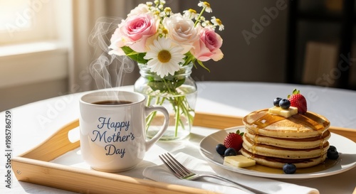 Mother's day breakfast tray with pancakes, coffee, berries, and pink white flowers on a table wooden