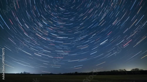 Circular Star Trails in Dark Night Sky Over Rural Landscape