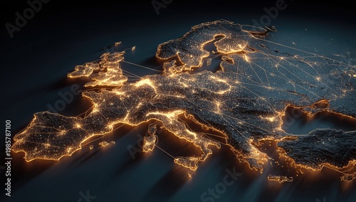 Detailed 3D map of Europe's cities glowing brightly at night, connected by light trails