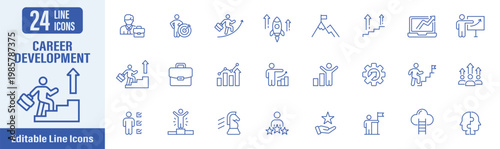Career Development line icon. Contains icons as career, upskill, growth, success, achievement, leadership and more. Vector illustration. Editable stroke.
