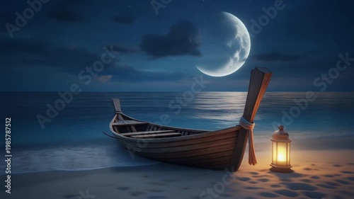 Wooden Boat on Tropical Beach at Night with Crescent Moon and Glowing Lantern