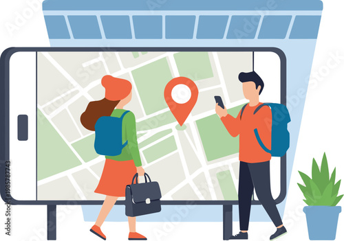 Young travelers using their mobile phone for digital navigation while exploring the city streets with large backpacks