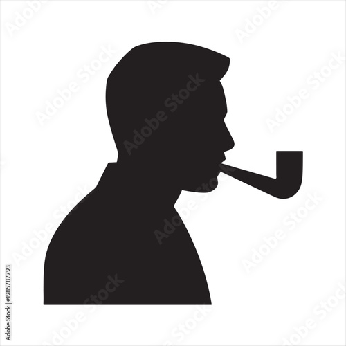 Black vector illustration of a profile silhouette of a person smoking a cigarette and drinking a glass of wine representing addiction