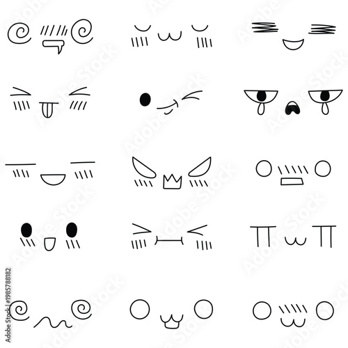 Hand-drawn doodle set of kawaii faces on a white background.