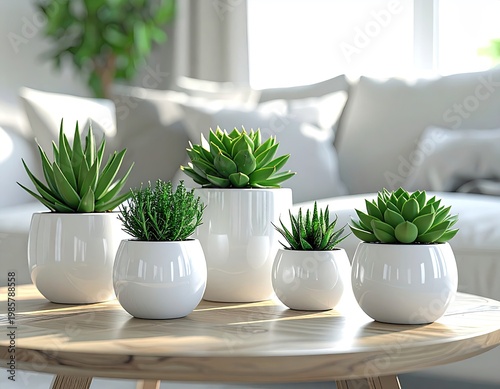 Wallpaper Mural Five vibrant potted plants on a wooden table Torontodigital.ca